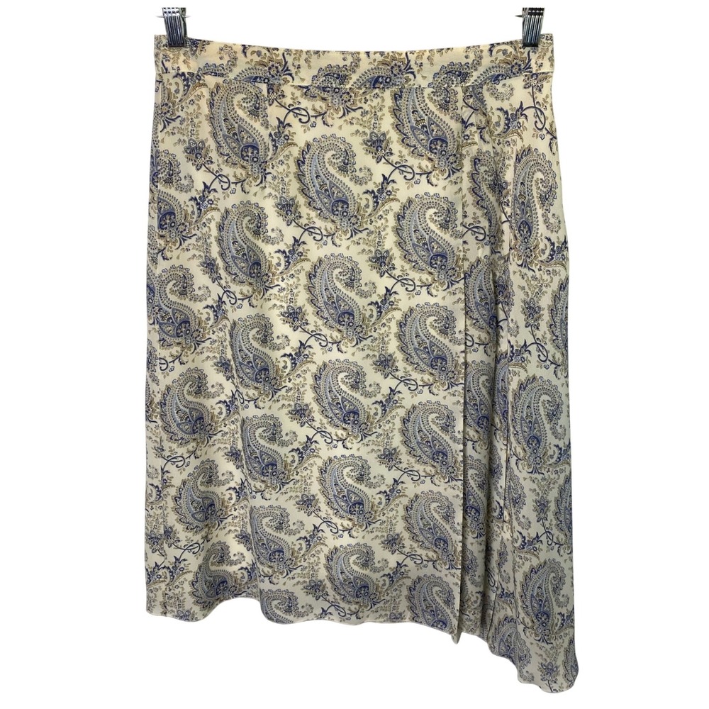 Jonathan Martin Studio Paisley Midi Skirt Womens Large Blue Cream Coastal Office